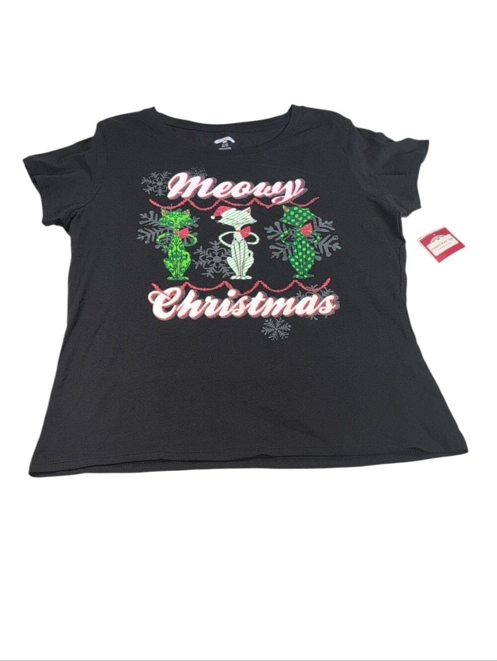 Holiday Time Glitter Cat Christmas Meowy Christmas Tee Shirt Size XL
